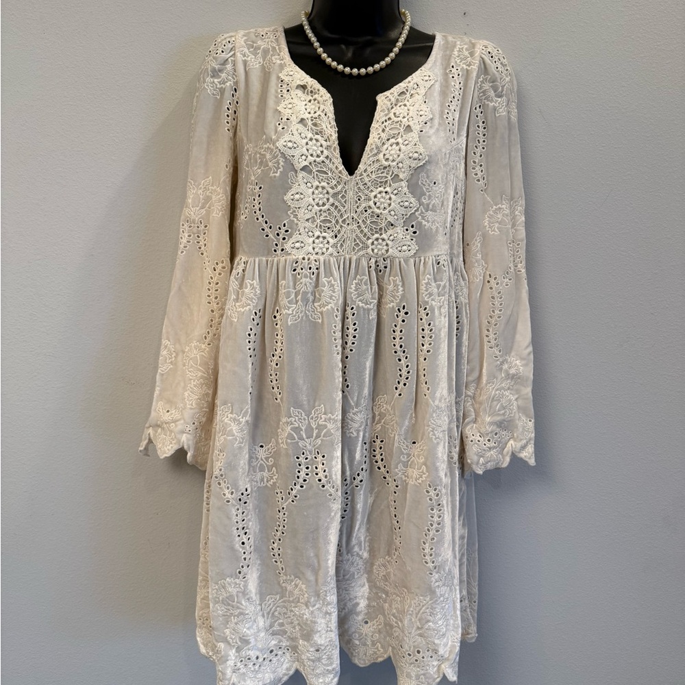 Brand New Johnny Was Silk Velvet Eyelet Long Sleeve Dress Size XS